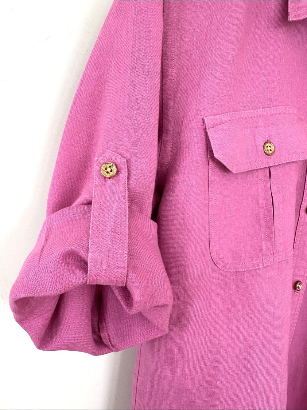 Lauren Ralph Lauren Pink Utility Button-Up Shirt, Roll Tab Sleeves, π― Linen - Picture 11 of 13